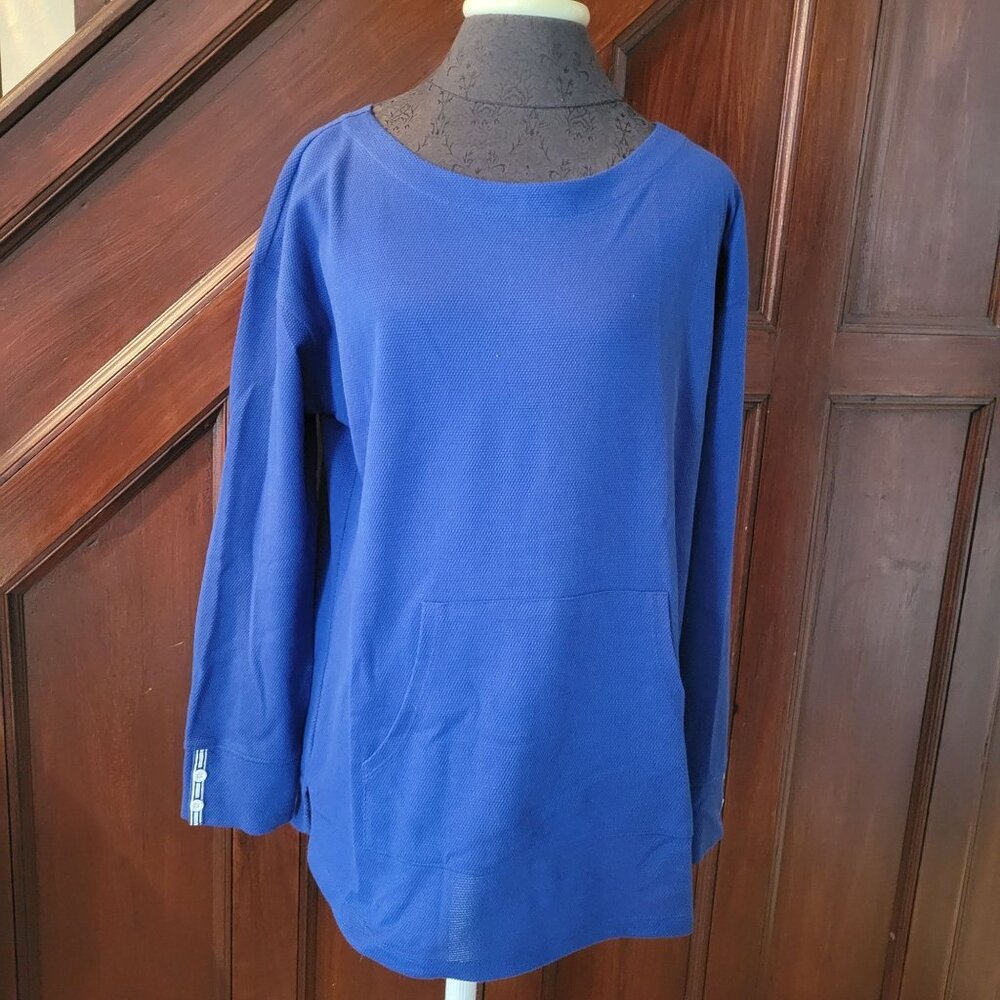 Talbots Womens Blue Knit Long Sleeve Top With Front Pocket & Button Detail - Siz